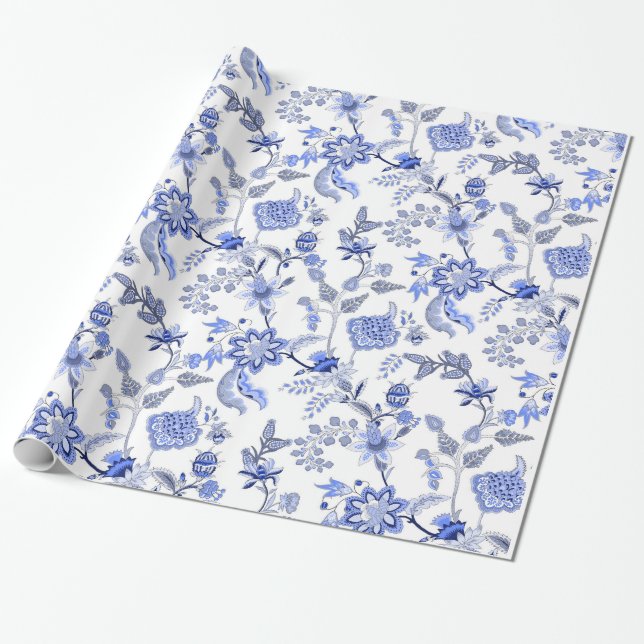 Papier Cadeau Motif traditionnel bleu et blanc de chintz (Déroulé)
