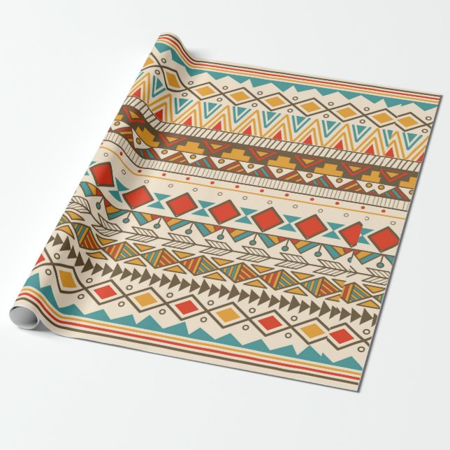 Papier Cadeau Motif tribal aztèque en bandes, illustration vinta (Déroulé)
