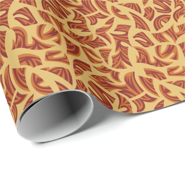 Papier Cadeau Motif tribal ethnique Orange Beige Brown (Coin rond)
