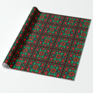 Papier Cadeau Motif tribal letton géométrique noir, rouge, ver