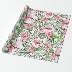 Papier Cadeau Motif tropical rose et vert aquarelle