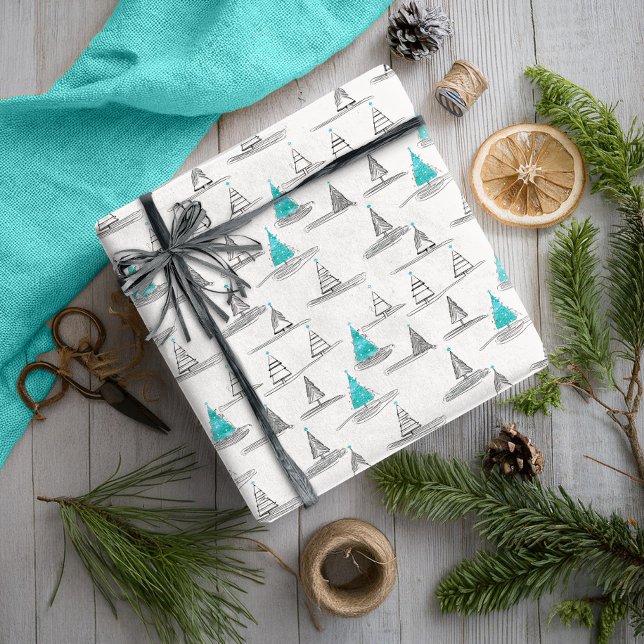 Papier Cadeau Motif turquoise d'arbre de Noël n° 5 ID1009 (Créateur téléchargé)