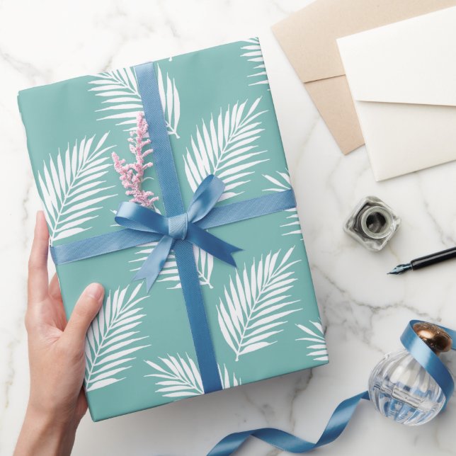 Papier Cadeau Motif Turquoise doux de bords de palme blanc (Cadeaux)