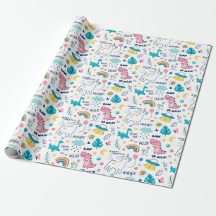 Papier Cadeau Motif Unicorn Et Dinosaur