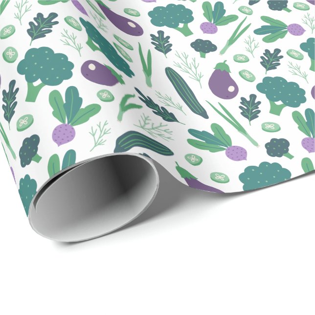 Papier Cadeau Motif végétal d'aubergine et de brocoli (Coin rond)