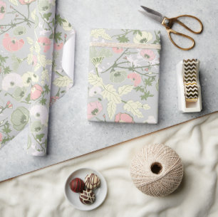 Papier Cadeau Motif végétal gris vert rose