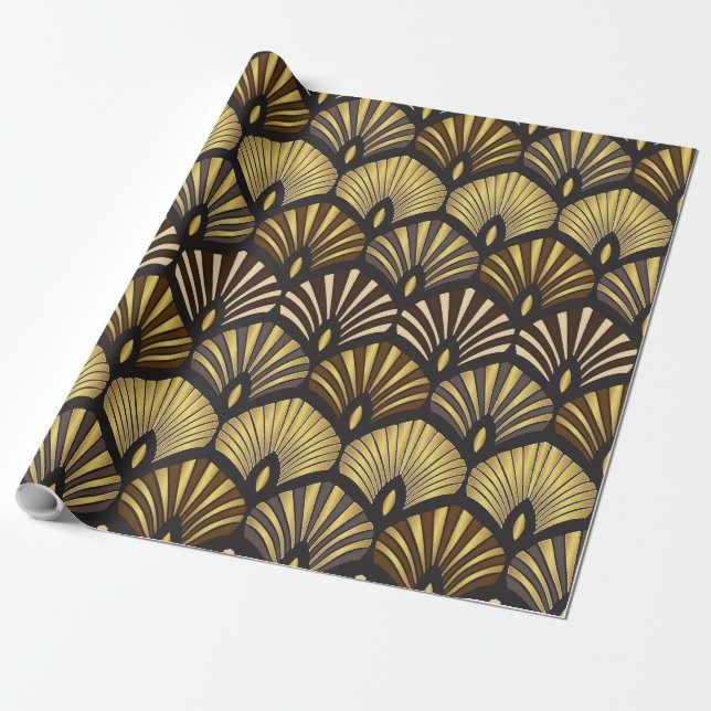 Papier Cadeau Motif Ventilateur Noir Art Déco (Déroulé)