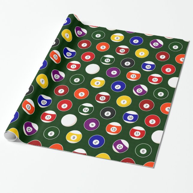 Papier Cadeau Motif vert de billards de boule de piscine (Déroulé)