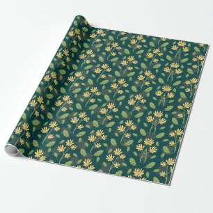 Papier Cadeau Motif vert vibrant avec fleurs jaunes et feuilles