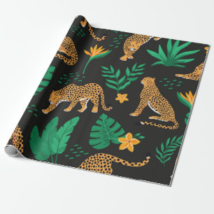 Papier Cadeau Motif vintage aux léopards et feuilles tropicaux 