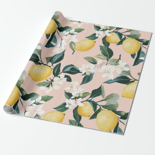 Papier Cadeau Motif vintage citron et fleur sur rose