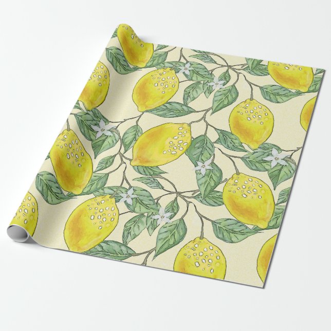 Papier Cadeau Motif vintage citrons aquarelles (Déroulé)