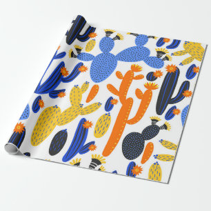 Papier Cadeau motif vintage sans soudure avec cactus sur noir et