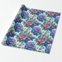 Motifs bleus: Dahlien en bleu/rose -