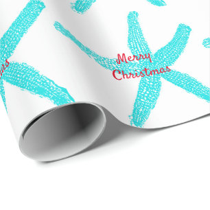 Papier Cadeau Motifs d'étoiles de mer Turquoise Red Beach Joyeux