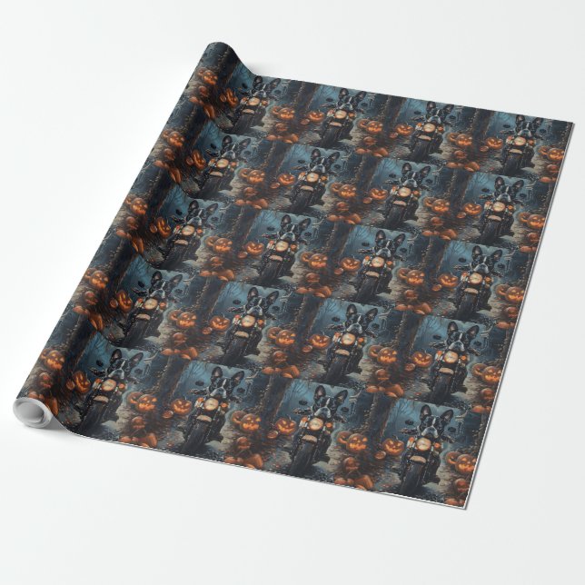 Papier Cadeau Moto à cheval Boston Terrier Halloween effrayant (Déroulé)