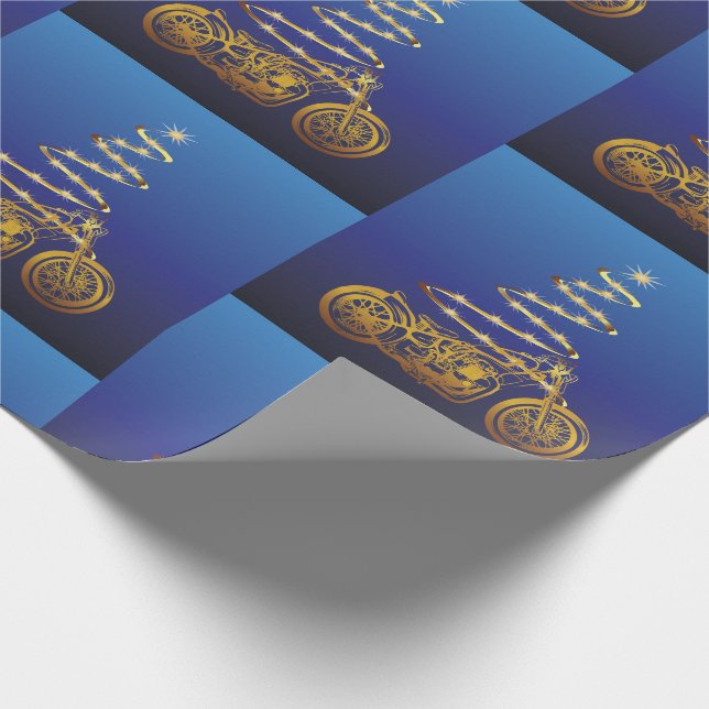 Papier Cadeau moto noël arbre or et bleu (Coin)