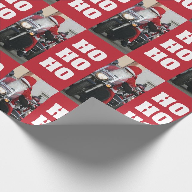 Papier Cadeau Moto Père Noël photo avec Ho Ho Ho (Coin)