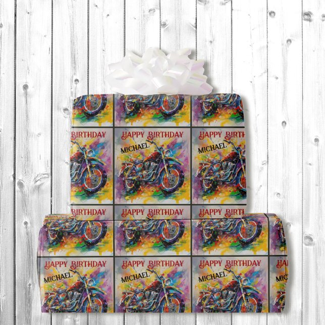 Papier Cadeau Motorcycle Peinture Joyeux Anniversaire Ajouter un (Créateur téléchargé)