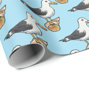 Papier Cadeau mouette de mer sur un motif de coquillage
