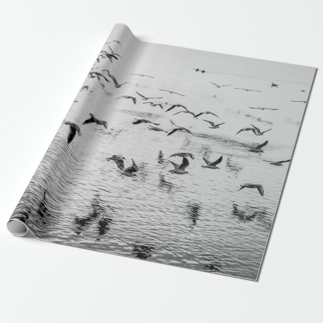 Papier Cadeau Mouettes en mouvement, image d'art noir et blanc (Déroulé)