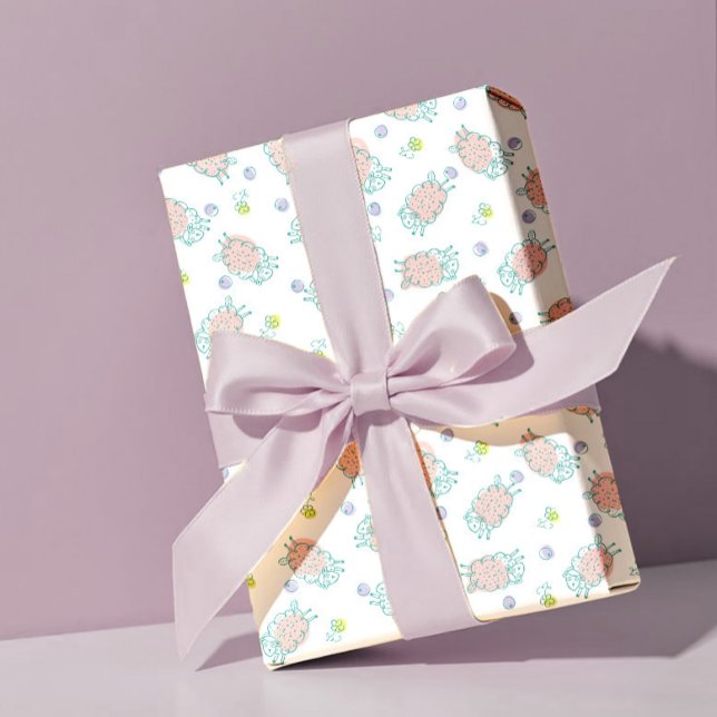 Papier Cadeau Mouton Rose avec Fleurs & Baies - Motif Mignon (Créateur téléchargé)
