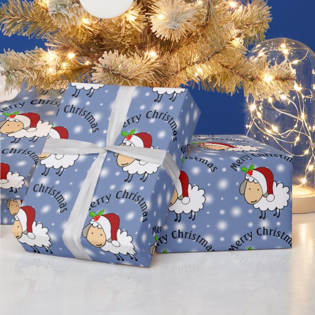 Papier Cadeau Moutons de Noël portant un chapeau de Père Noël (Vacances)