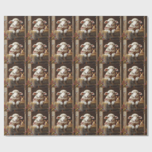 Papier Cadeau Moutons et lapin douillets en Grange avec Fleurs