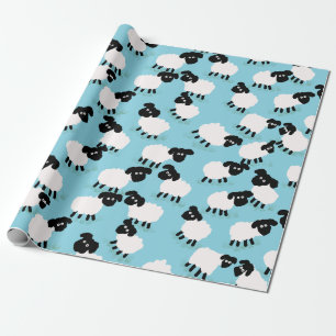 Papier Cadeau Moutons moelleux sur fond bleu bébé