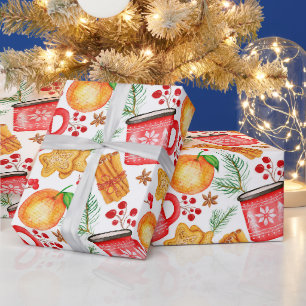 Papier Cadeau Mugs de Chocolat Chaud de Noël et Cookies