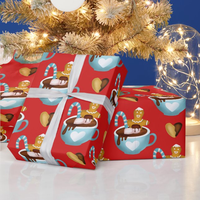 Papier Cadeau Mugs de Noël au chocolat chaud et biscuits (Vacances)