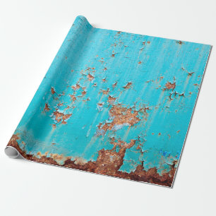 Papier Cadeau Mur en métal peint bleu rouillé. Texte photo détai