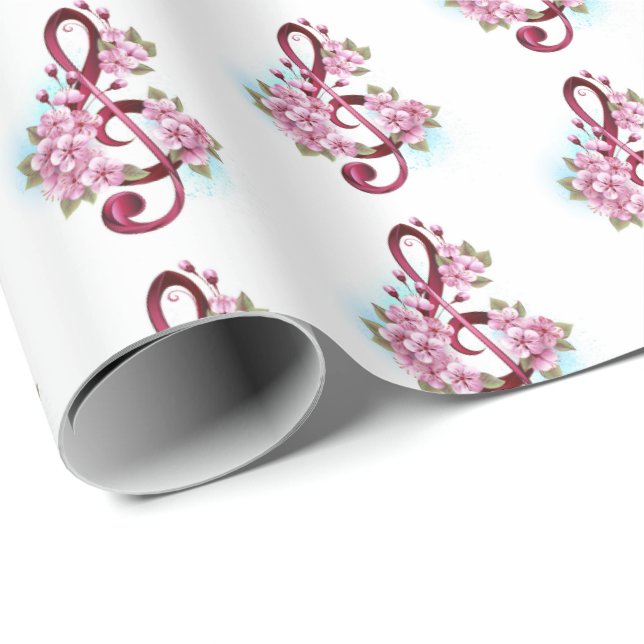 Papier Cadeau Musical treble clef notes with Sakura flowers (Coin rond)