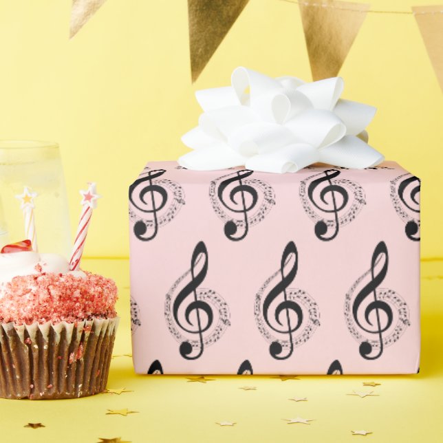 Papier Cadeau Musical Treble Clef Sur Rose (Fête d'anniversaire)