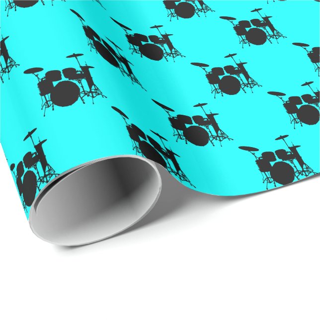 Papier Cadeau Musique Black Drum Set sur Aqua Blue (Coin rond)