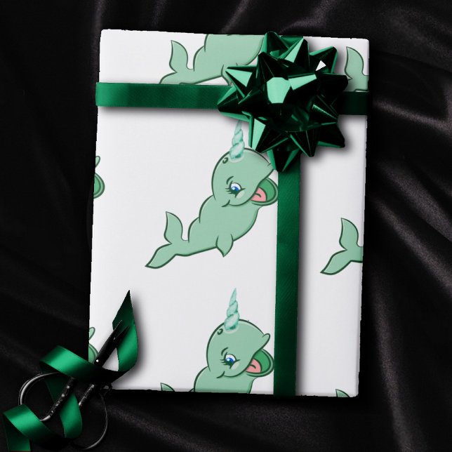 Papier Cadeau Narwhal Green | Cute Mint Chibi Cartoon Sea Party (Créateur téléchargé)