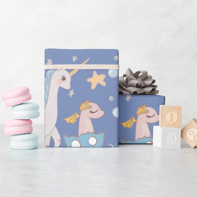 Papier Cadeau Narwhal Sirène Unicorn Dragon Pastel Personnalisé (Baby Shower)