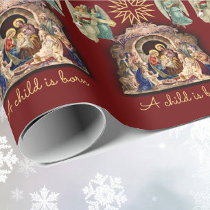 Papier Cadeau Nativité avec Anges Noël Bébé Jésus Qualité