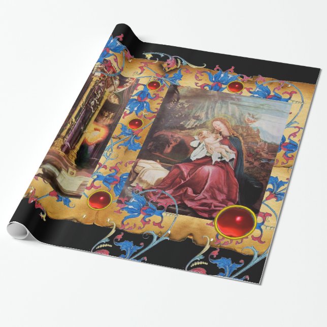 PAPIER CADEAU NATIVITÉ AVEC DES ANGES, PARCHEMIN FLORAL DE NOËL (Déroulé)