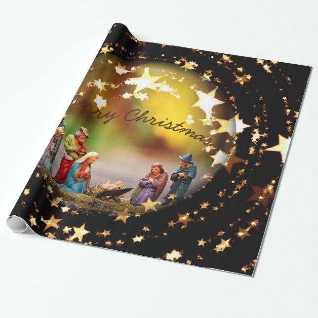 Papier Cadeau Nativité Crib Vierge Marie Jésus Étoiles de Noël (Déroulé)