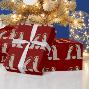 Papier Cadeau Nativité moderne rouge et or Noël de crèche