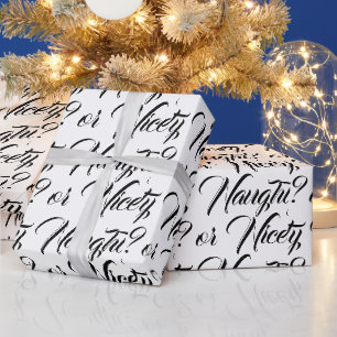 Papier Cadeau Naughty ou Nice blanc noir moderne script drôle