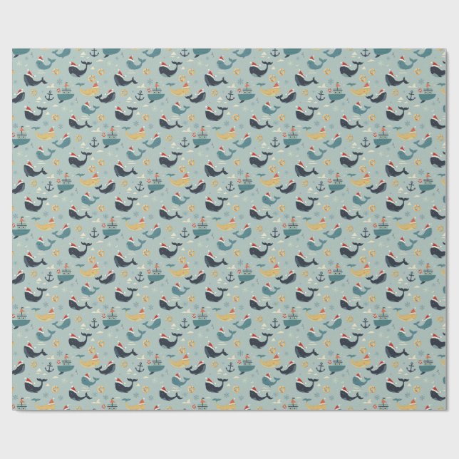 Papier Cadeau Nautical Christmas Wrapping Paper Featuring Whales (Plat)