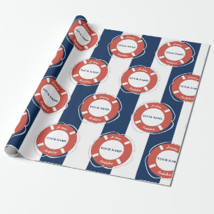 Papier Cadeau Nautique Bleu rayé Nom personnalisé Anniversaire