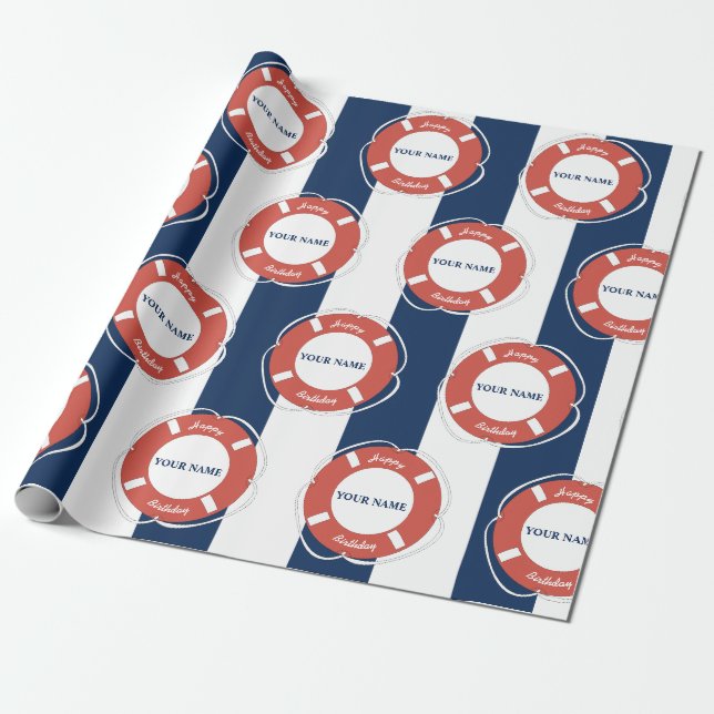 Papier Cadeau Nautique Bleu rayé Nom personnalisé Anniversaire (Déroulé)