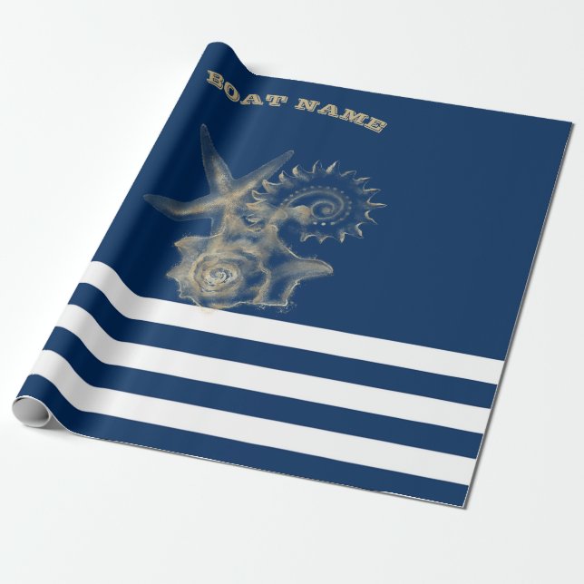 Papier Cadeau Nautique, Coquillages d'or Marine Bleu (Déroulé)