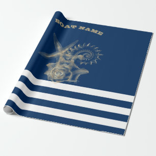 Papier Cadeau Nautique, Coquillages dorés Rayures bleu marine
