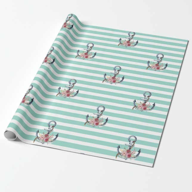 Papier Cadeau Nautique, Fleurs d'Ancres Mint Vert rayures (Déroulé)