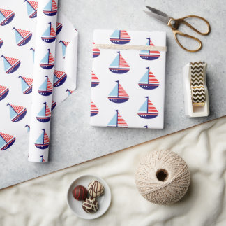 Papier Cadeau Nautique Rouge Blanc et Bleu Stripes Voilier