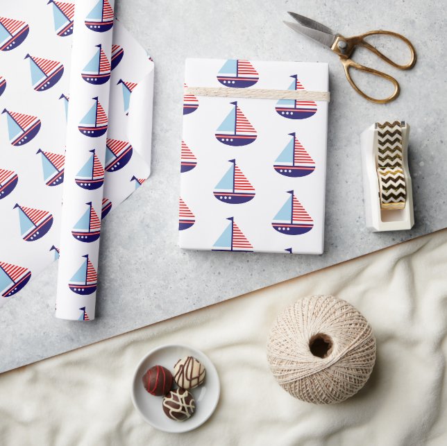 Papier Cadeau Nautique Rouge Blanc et Bleu Stripes Voilier (Artisanat)